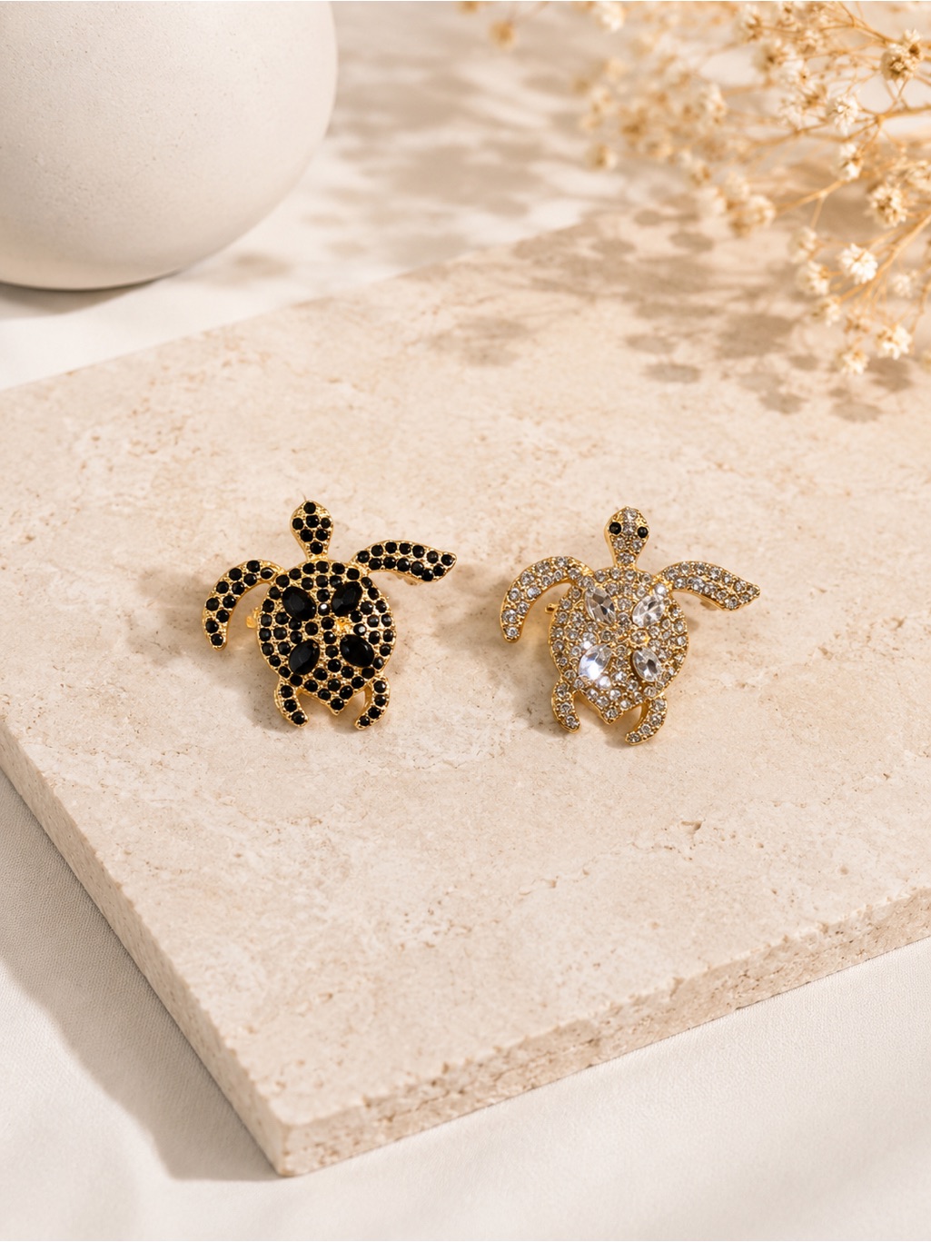2 Crystal Accent Sea Turtle Brooch Set Gold Tone Clear Unique Gift Animal Lover